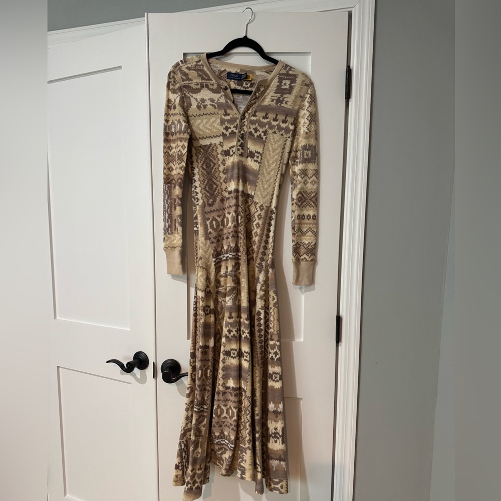 Ralph Lauren Beige and Brown Patterned Long Sleeve Dress